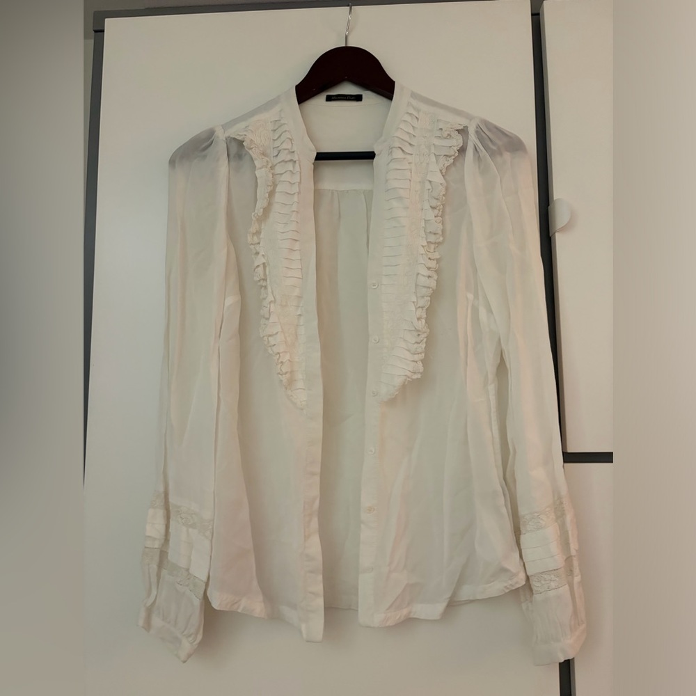 Massimo Dutti White Ruffled Button-Down Blouse